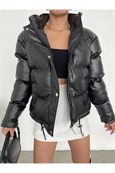 buqre's moda Krátký nafukovací kožený kabát s kapucí
