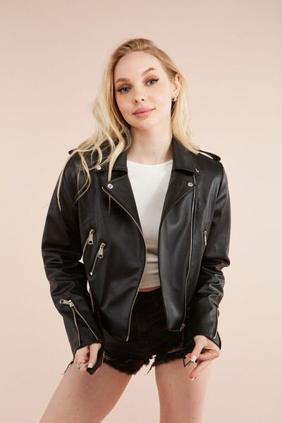 buqre's moda Jachetă de piele neagră cu fermoar pentru femei