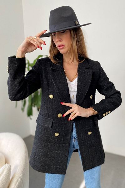 buqre's moda Jachetă din tweed pentru femei, cu nasturi aurii