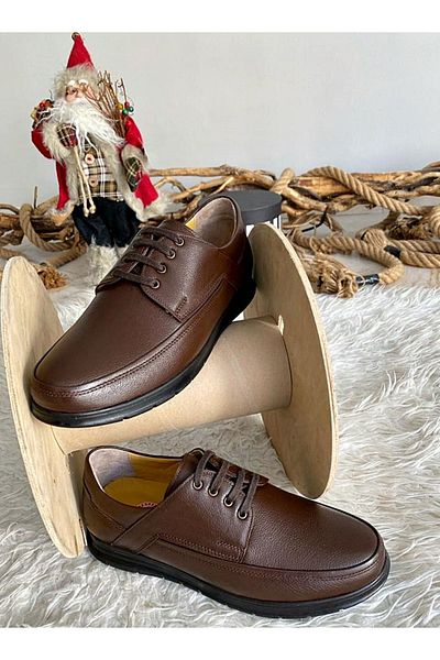 Ayakkabı Bahçesi Full Orthopedic Inner and Outer Genuine Brown Leather Laced Soft Lightweight Men's Dad Shoes
