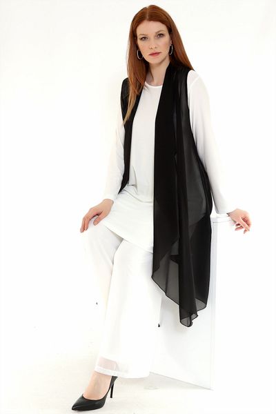 Mankens Fashion Black Shawl Collar Seasonal Flowing Chiffon Vest