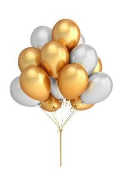 MERİ PARTİ 50 Metallic Balloons (Gold - Silver Mixed) Flying Balloons (Pack o...