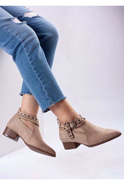 Bej Ayakkabı Women's Back Zippered Side Buckle Adjustable Suede Shoes Tan