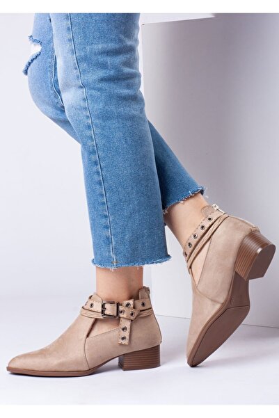 Bej Ayakkabı Women's Back Zippered Side Buckle Adjustable Suede Shoes Tan