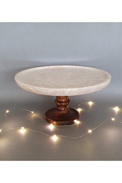 Panoramas Home Natural Marble Pastry Cake Stand with Wooden Legs