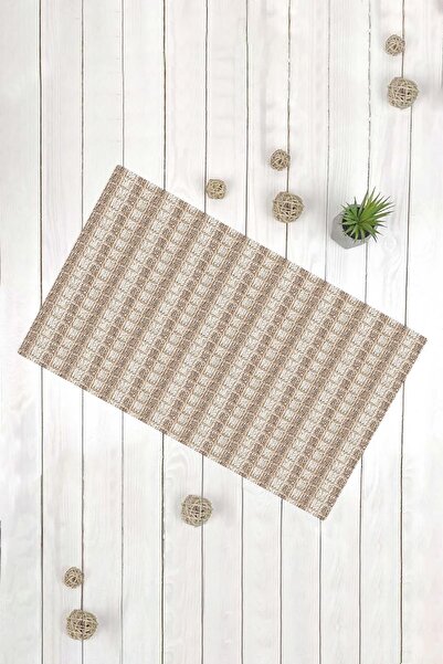 Evsebu Mini Square Motif Brown Beige Multi-Purpose Decorative Door Mat