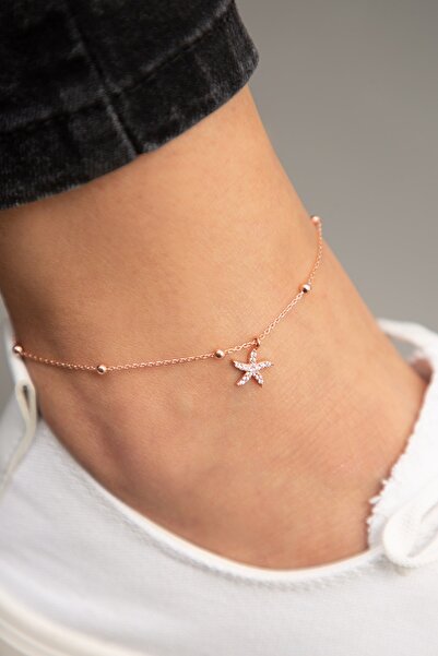 Elika Silver Kadın Rose Kaplama Top Zincir Detaylı Deniz Yıldızı Model 925 Ayar Gümüş Halhal