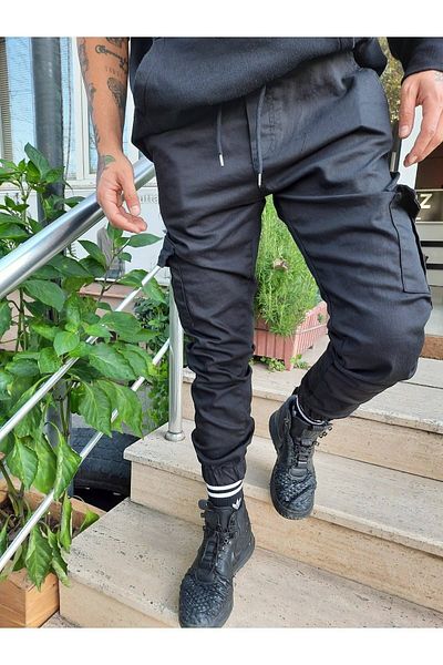 Tarz Cool Ανδρικό παντελόνι Jogger με μαύρη πλαϊνή τσέπη με ελαστικό πόδι Lycra