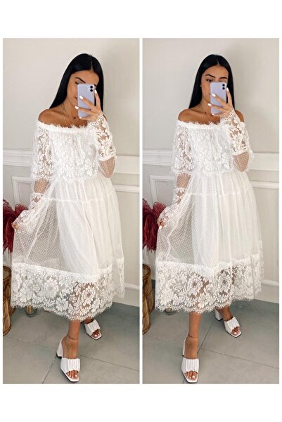 moda sokağı Kadın Beyaz Madonna Yaka Dantelli Beyaz Elbise