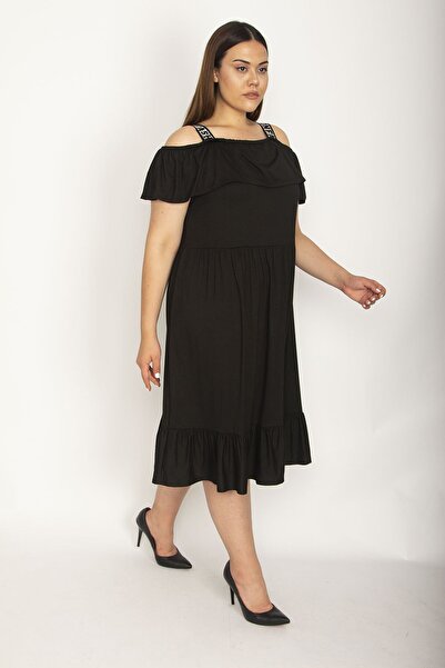 Şans Women's Large Size Black Karmen Collar Skirt Flounced Suspender Dress 65n26476