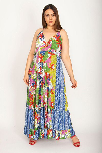 Şans Women's Large Size Colorful Backless Neck Tied Dress 65n26564