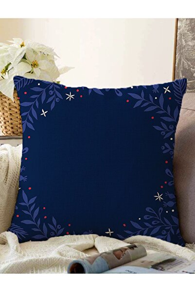 Realhomes Lacivert Zeminli Çiçek Çerçeveli Dijital Baskılı Dekoratif Raşel Ör...