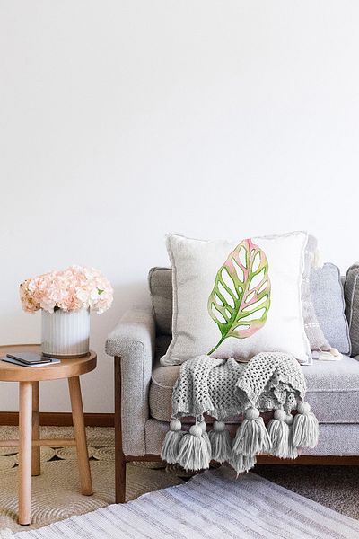 Realhomes Husă de pernă decorativă Raschel tricotată cu imprimare digitală, cu design de frunze exotice