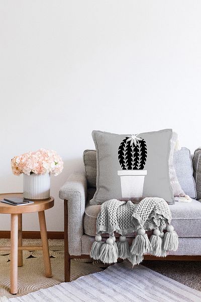 Realhomes Fundal gri, cactus, modelat, imprimat digital, decorativ, tricotat Raschel, husă de pernă