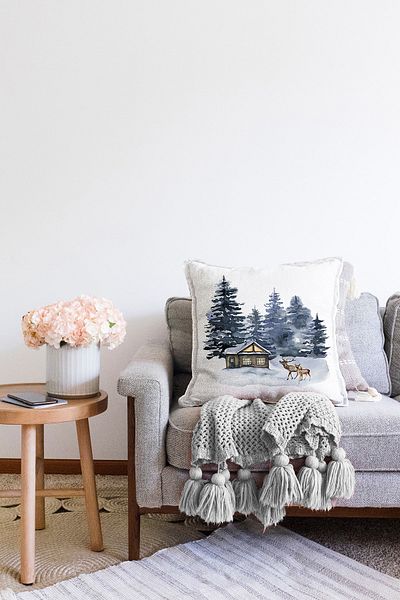 Realhomes Acuarelă cu tematică de iarnă, design special, imprimat digital, husă de pernă tricotată Raschel