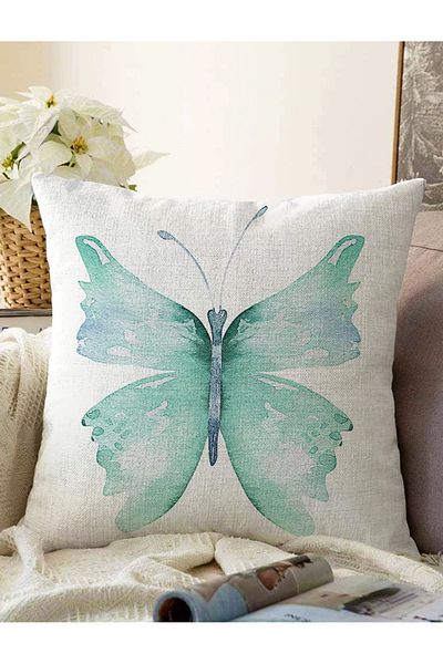 Realhomes Fundal alb Motiv fluture albastru Imprimat digital Decorativ Raschel tricotat Husă de pernă