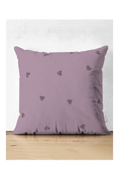 Realhomes Mor Zemin Kalp Motifli Dijital Baskılı Modern Süet Yastık Kırlent K...