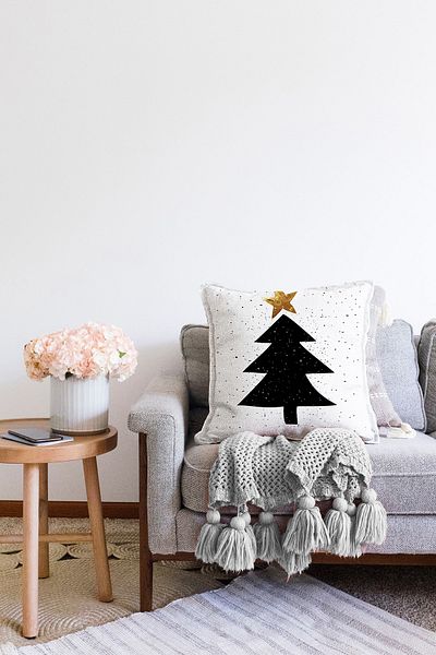 Realhomes Fundal alb Pin negru Desen Imprimat digital Decorativ Raschel tricotat Husa de perna