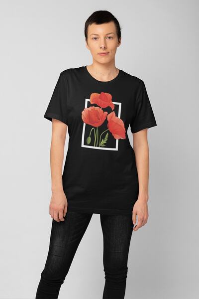 ErTaPassage Femei Negru Roșu Flori cu imprimeu Standard tricou T5708134