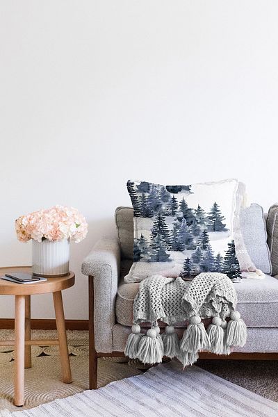 Realhomes Acuarelă ilustrată cu tematică de iarnă pini cu imprimare digitală decorativă Raschel tricotată husă de pernă