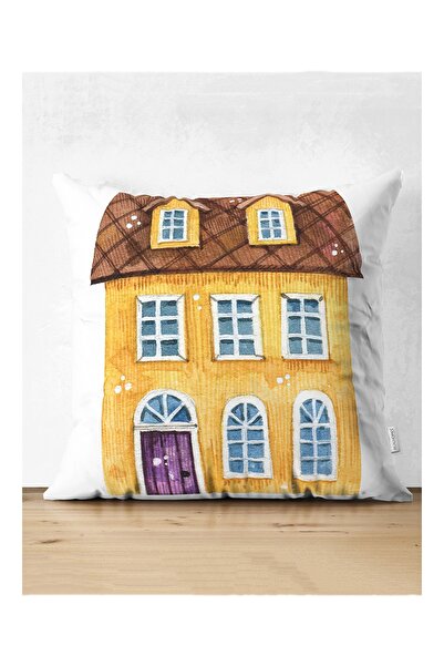 Realhomes Miniature Yellow House Drawing Digital Printed Decorative Pillow Th...