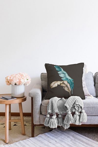 Realhomes Μπλε & κίτρινο μοτίβο με φτερά Ψηφιακή τυπωμένη διακοσμητική ριχτάρι μαξιλαροθήκη Raschel