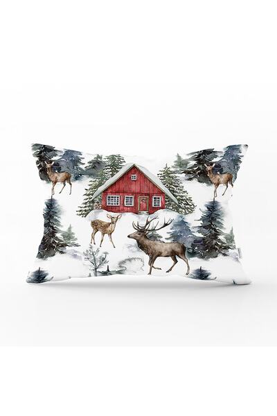 Realhomes Kar Zeminli Geyik & Çam Ağacı Tasarımlı Dijital Baskılı Dekoratif D...