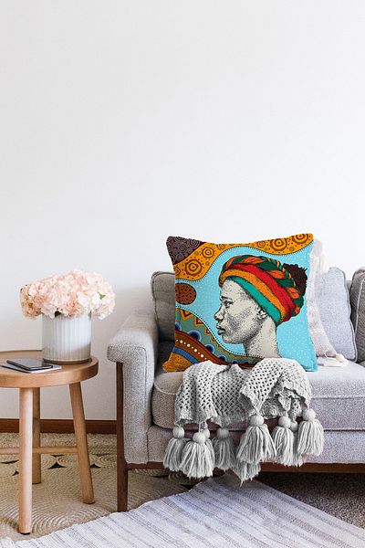 Realhomes Husă de pernă decorativă Raschel tricotată cu imprimare digitală, cu turban etnic, design pentru femei africane