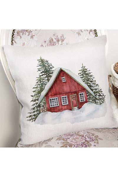 Realhomes Digital Printed Modern Pillow Cushion Cover with Snowy House & Pine Tree Design