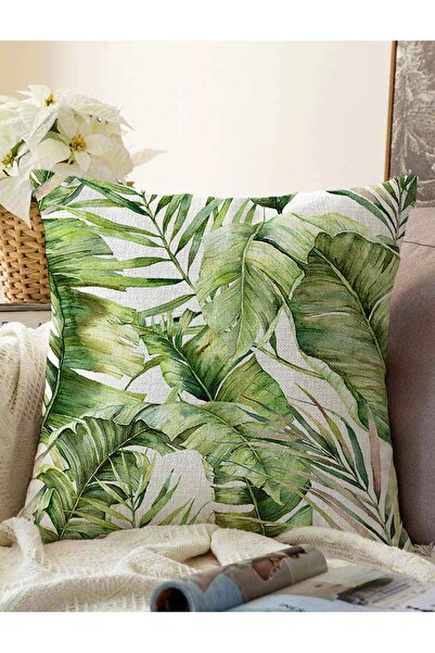 Realhomes غطاء وسادة محبوك بتصميم أوراق استوائية خضراء مطبوعة رقميًا من راشيل