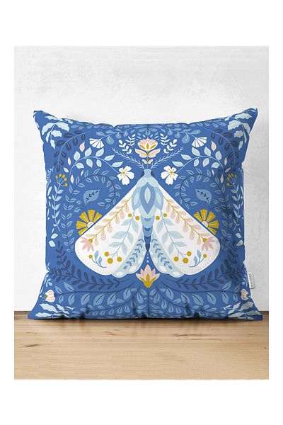 Realhomes Fluture albastru și design special floral, imprimat digital, husă de pernă modernă din piele întoarsă
