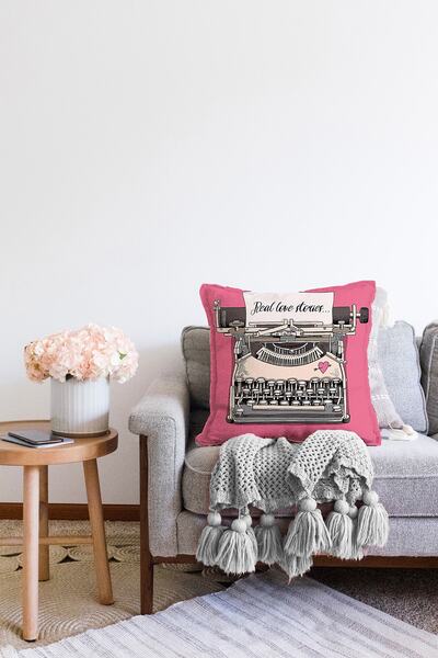 Realhomes Husă de pernă cu imprimare digitală modernă tricotată Raschel, cu design roz pentru mașină de scris