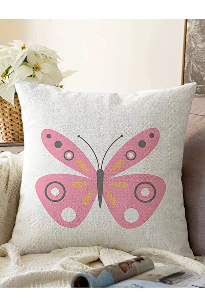 Realhomes Pembe Kelebek Tasarımlı Dijital Baskılı Modern Raşel Örme Yastık Kı...