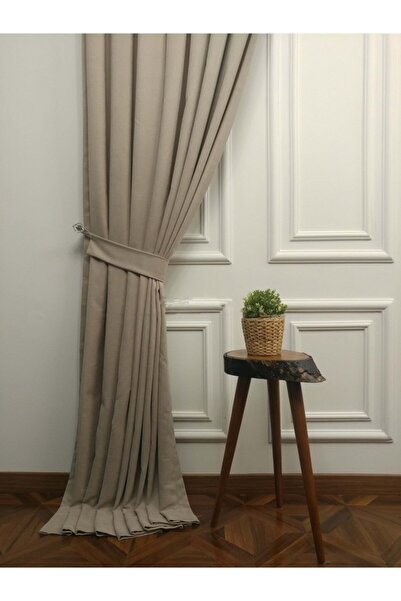 KN Tekstil Taş Rengi Kadife Dokulu Fon Perde (sık Pile) Çift Kanat 100x265