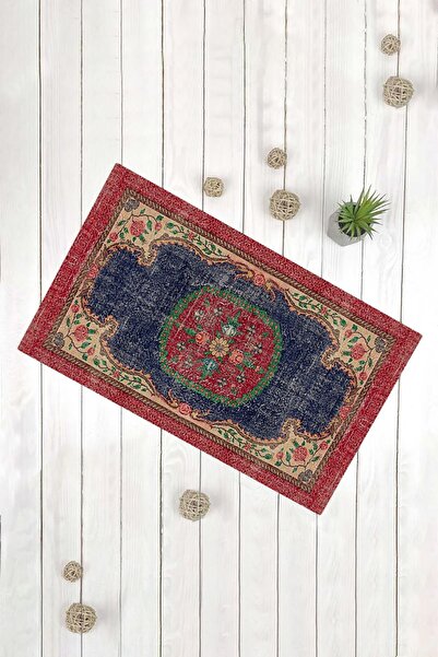 Evsebu Eskitme Halı Desen Lacivert Kırmızı Çok Amaçlı Dekoratif Kapı Önü Paspası