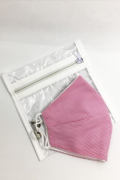 Vera Pembe Beyaz Çizgili Pamuklu Kumaş Maske Ve Maske Çantası