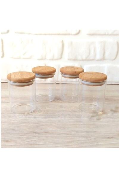 ELEGANCEV Bamboo Vacuum Lid Mini Glass Jar Set Set of 4 (6 Cm X 10cm)