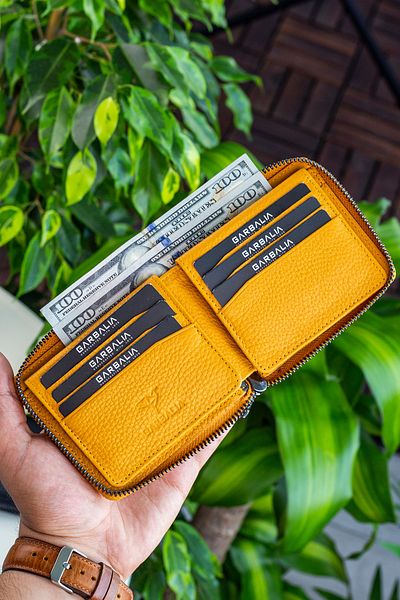 Garbalia Carole Genuine Leather Zipper Locked Mustard Yellow Unisex Wallet