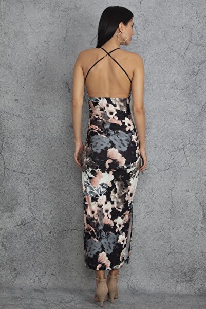 Şans Tekstil Women's Colorful Strappy Side Rubber Detailed Back Low-cut Dress 26n15827