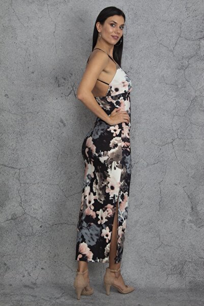 Şans Tekstil Women's Colorful Strappy Side Rubber Detailed Back Low-cut Dress 26n15827