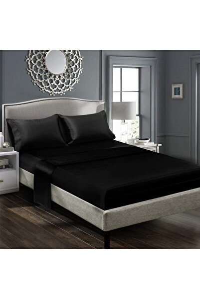 Tinybabyconcept Cotton Satin Double Duvet Cover Set 4 Piece Silk Textured Black 160X220 cm Fitted Sheet