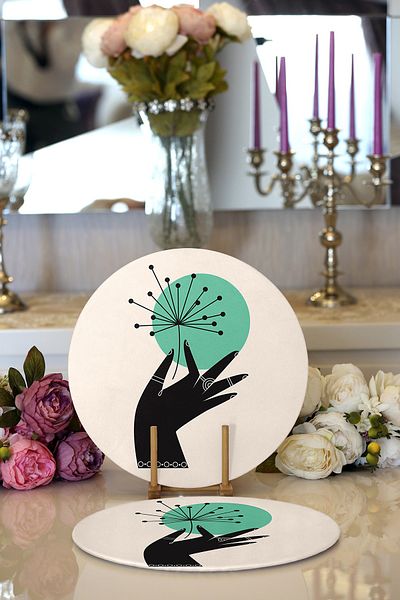 Realhomes 2-Piece Artistic Green Floral Design Digital Printed Modern Round Plate & Placemat