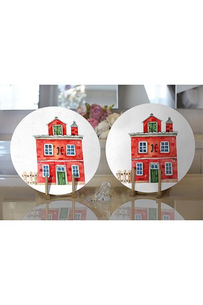 Realhomes 2-Piece Miniature Red House Drawing Digital Printed Decorative Round Charger & Placemat