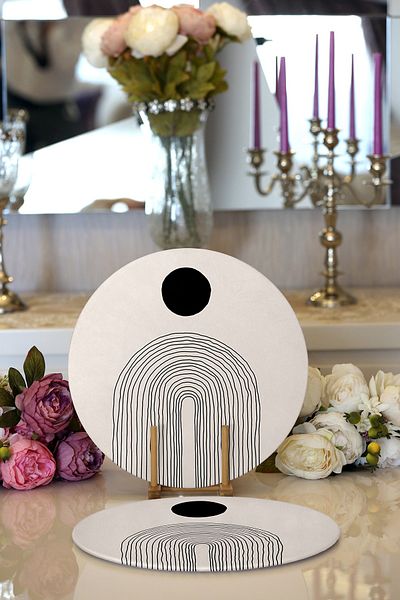 Realhomes 2-Piece Abstract Style Digital Printed Decorative Round Plate & Placemat with Onedraw Drawing