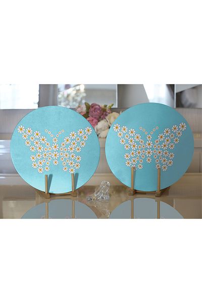 Realhomes 2-Piece Blue Floor Daisy Butterfly Design Digital Printed Modern Round Plate & Placemat