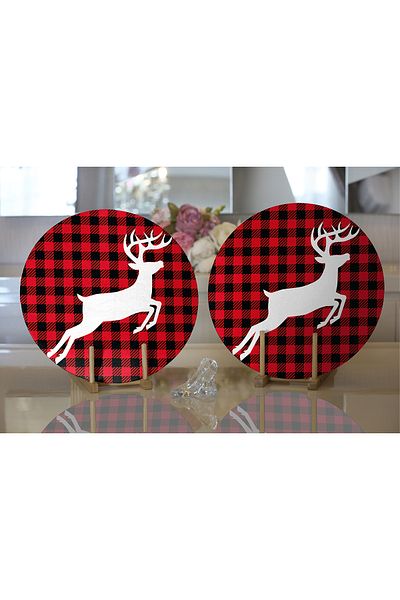 Realhomes 2-Piece Plaid Floor Deer Design Digital Printed Decorative Round Plate & Placemat