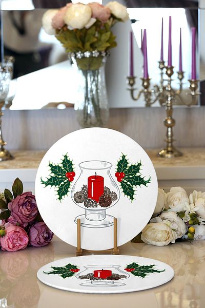 Realhomes 2-Piece Cone Red Candle Design Digital Printed Modern Round Charger & Placemat