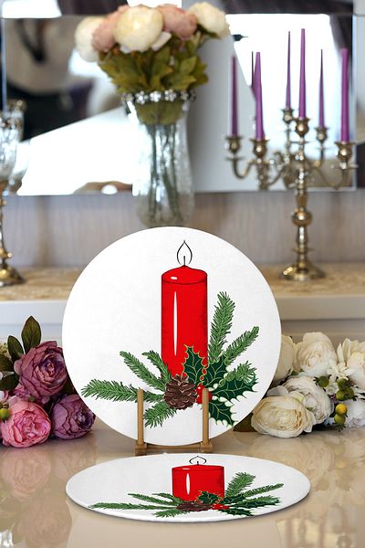 Realhomes 2-Piece Red Candle Design Digital Printed Modern Round Charger & Placemat