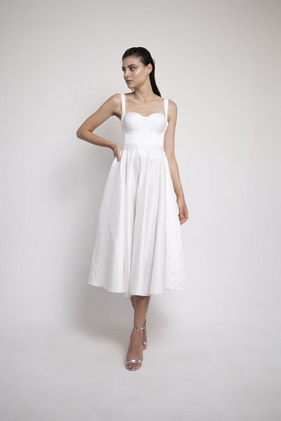 Lenta Moda White Midi Length Satin Evening and Prom Dress