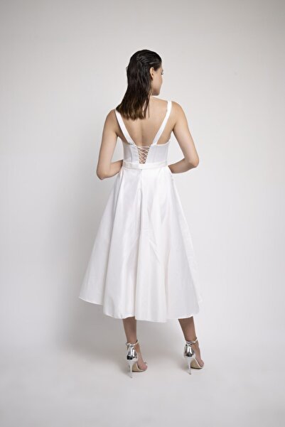 Lenta Moda Beyaz Midi Boy Saten Gece Ve Balo Elbisesi